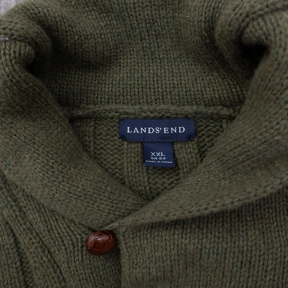 Lands End Mens XXL Olive Green Merino Wool Blend Ribbed Shawl Collar Sweater